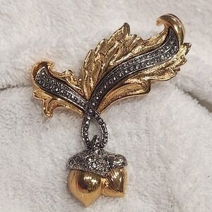 Avon Vintage Acorn Leaf Brooch Gold Silver Tone Rhinestone Fall Autumn Jewelry
